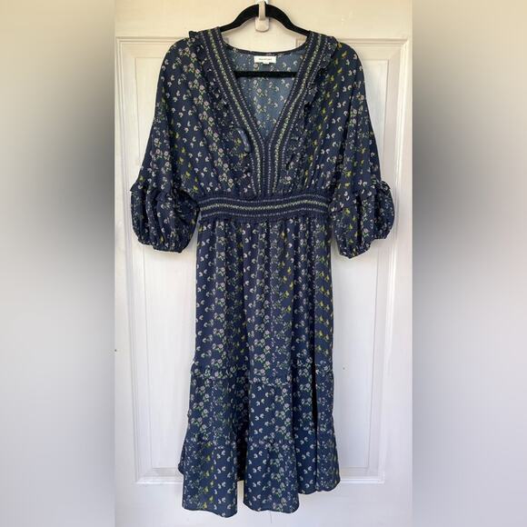 Max Studio Navy Floral Midi Dress with 3/4 Bishop Sleeves – Size L - Picture 1 of 6